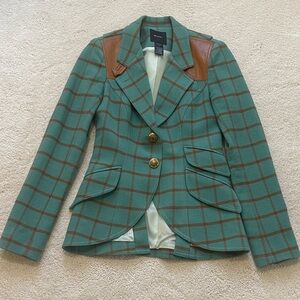Smythe Teal Windowpane Blazer with Brown Leather Accents